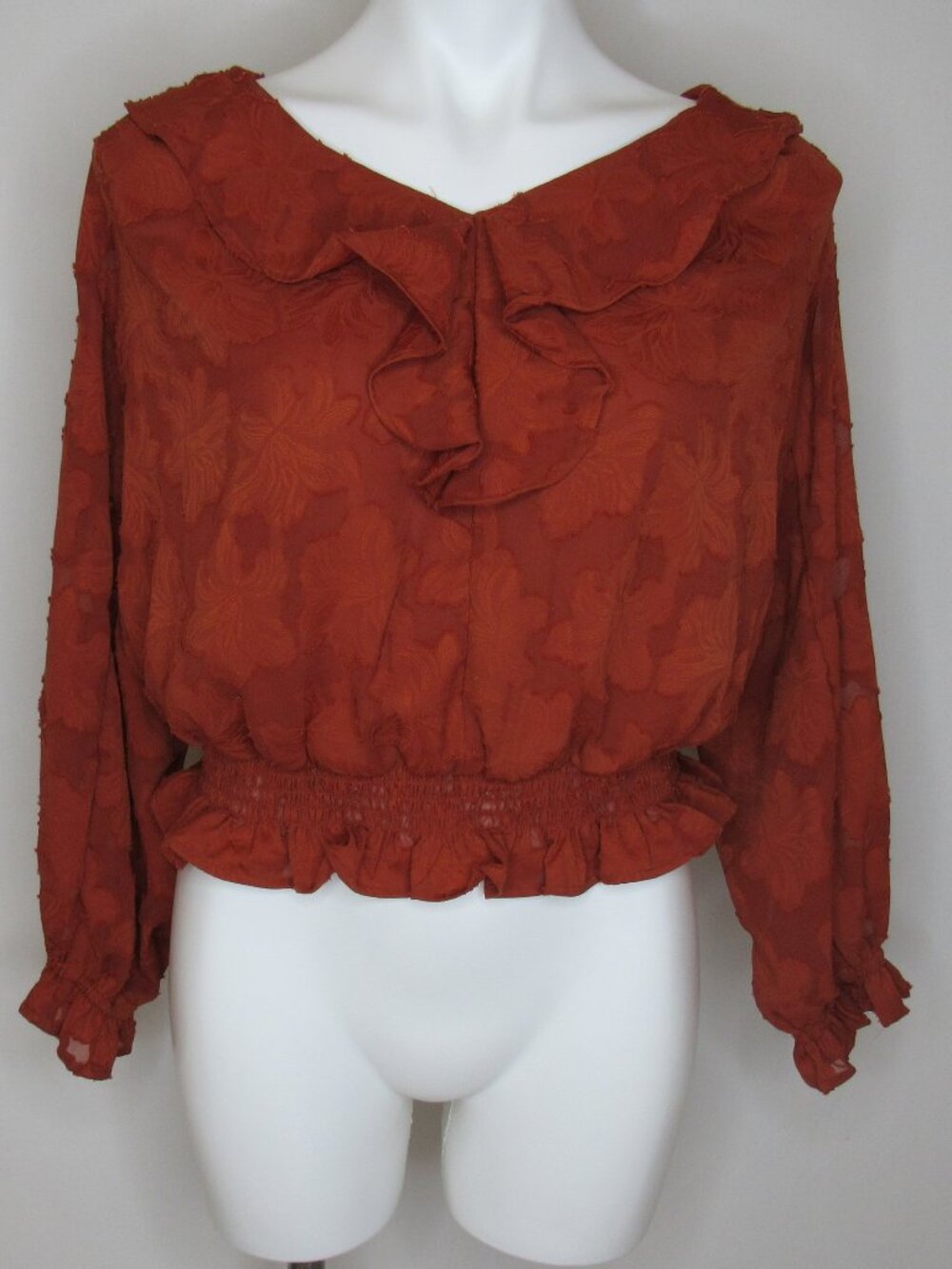 By Anthropologie Rust Red Textured Floral Blouse Open Back V-Neck M Medium